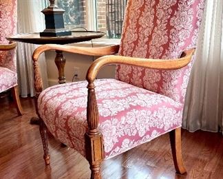 $400 for the PAIR of Sam Wood Furniture parlor chairs with brocade rose upholster and solid wood frames; 24w x 28d x 44h