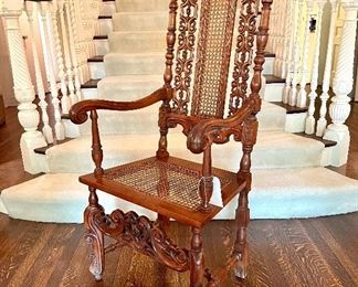 $2800; Vintage Louis XIII style beech armchair, handcrafted, very large with caned back and seat, barrel is square;24w x 17.25d x 54h