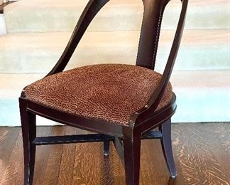 $300; art-deco, spoon-back chair with leopard print seat; 20.5”w x 23”d x 33”h