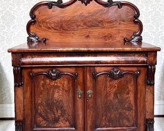 SOLD $650; Antique chiffonier with 2 doors and a drawer, beautiful wood carvings and grain visible; 48w x 22d x 58h