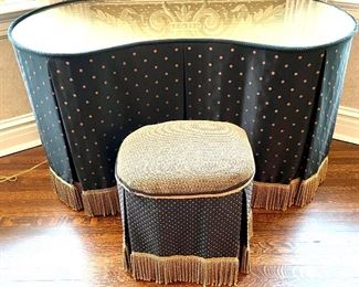 $500; custom upholstered vanity table with glass top and stool;  table 55w x 27.5d x 31h; stool 18.75w x 14d x 20h