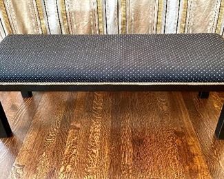 $300; custom upholstered black and gold bench; 48w x 17d x 16.5h