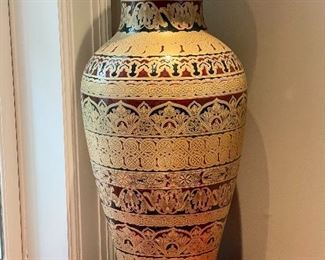  2 available; large, Asian floor vase with wooden base; 15”d x 30”h