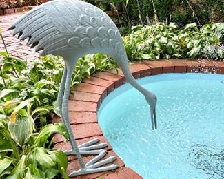 SOLD $70; metal, patinated heron sculpture; 9w x 20d x 21h
