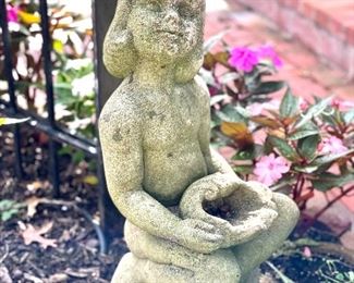 $100; quaint concrete statue of girl with planter; 25w x 23d 26h