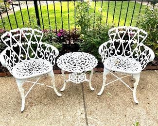 SOLD $200; set of 3 pieces; 2 chairs and table of white, wrought iron; chairs 23w x 20d x 32h; table 21d x 17h