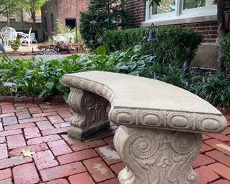 1 LEFT!!!! $250 each; 5 available; traditional, concrete, curved, garden benches, 3 pieces as the top is removable; 49w x 21d x 17h