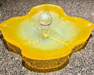 $28; vintage Art Deco art glass dish with four sections and ball handle; 13”d x 4”h