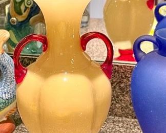 SOLD $28; hand-blown art glass vase; 11”h