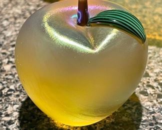 $80; Orient & Flume art glass iridescent apple paperweight; 3”h 