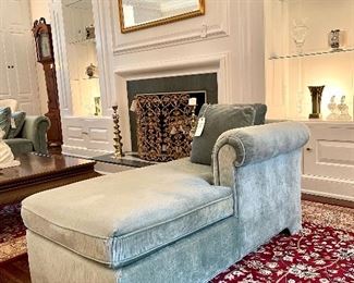 SOLD $450; Custom left-armed sitting chaise in jade velvet with throws; great condition; 30.5w x 60d x 27.5 h