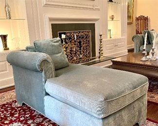 SOLD $450; custom, right-armed sitting chaise in jade velvet with throws, great condition; 30.5w x 60d x 27.5h