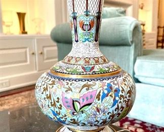 $40; cloisonne vase with wooden stand;  6”d x 12”h