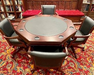 $1500; Beautiful poker table with removable top and 4 swivel chairs on casters; excellent condition; table 48”d x 30”h; chairs 27’w x 28.5”d x 33”h
