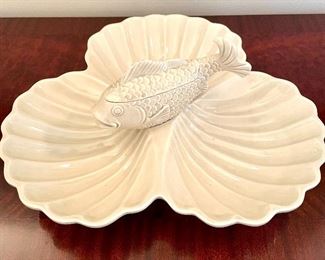 $48; Fitz & Floyd retired koi shell dish with three serving areas and lid on koi; 13”d x 5”h