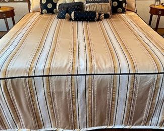 $500; custom King bedding in black and gold, includes spread and 12 pillows with cording and fringe in beautiful condition