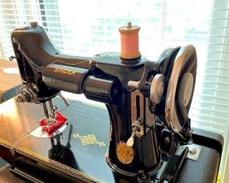 SOLD $500; vintage Singer compact sewing machine with foot pedal and case plus accessory attachments; Excellent Condition!!