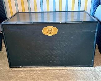 SOLD $150; vintage bamboo and wooden chest painted blue; 36w x 20d x 20h