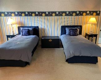 1 LEFT!!!! $100 each; 3 available; twin bed frame with bedding, mattress and box spring, includes custom, tailored bed skirt, comforter and 3 pillows