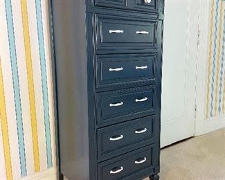 SOLD $200; vintage tall boy dresser with white pulls and glass top, painted blue; 24w x 19d x 54h