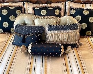 $500, custom King bedding. Includes 12 custom pillow and coverlet.  Bedding, vanity and bench all coordinate, sold seperately. 