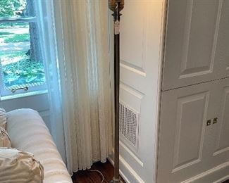 $450; vintage torchiere floor lamp with brass and marble, shade has floral carving; 16.5”d x 63”h