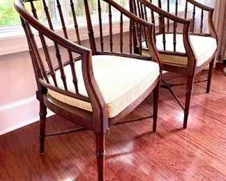 SOLD $400; pair of Drexel Heritage spindle, barrel-back chairs; 23”w x 19”d x 33”h