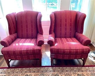 $300; pair of custom upholstered wing-back chairs; 34”w x 32” x 41”h