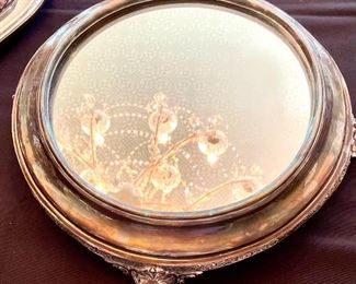 SOLD $30; silver-plate vanity tray with mirror and scalloped feet; 15”d