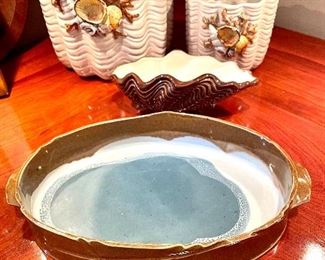$28; signed pottery serving dish; 14” x 9”