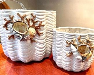 $48 large, $24 small; Fitz & Floyd ceramic shell and coral planters; large 10”d x 8”h; small 7”d x 6”h
