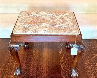 $80; antique mahogany carved stool with brocade upholstered seat; 22”w x 17”d x 18”h