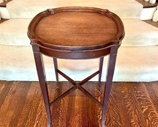 $62; vintage wood side table with beaded trim; 19”d x 29”h