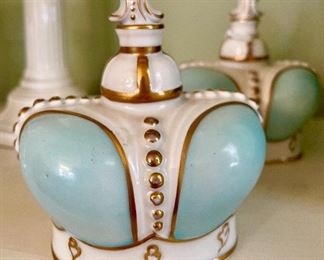 $100 for the PAIR of vintage perfume bottles; as is (tiny chip on top of one lid); 3.5”w x 4”h