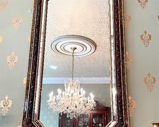 SOLD $300; vintage gold and black gilt mirror by Turner Mfg. Co.; 22.5”w x 43”h