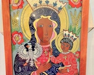 Polish Black Madonna or Black Virgin of Czestchowa; Painting and Foil on Glass
