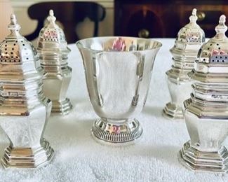 Two (2) Pair Sterling Silver Crichton & Co. Hallmarked Salt/Pepper Shakers; Christofle Cup