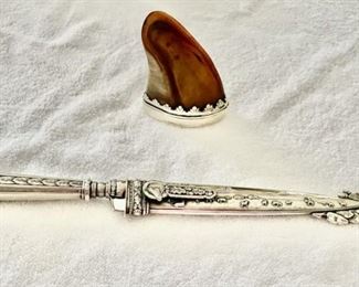English Encrusted Sterling Silver Snuff Mull & Vintage Argentina Gaucho Hunting Knife with Scabbard
