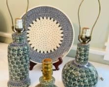 Vintage Boleslawiec Polish Pottery Lamps and Plate