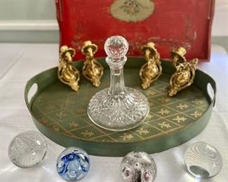 Waterford Decanter; Adam Jablonski Polish Paperweights, Brass wall sconces; Trays
