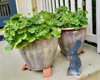 Planters with flowers; Rabbit Garden Ornament