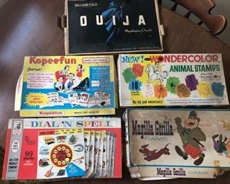 Assortment of vintage games, Ouija, Kopeefun, Wondercolor Animal Stamps, Dial N Spell, Magilla Gorilla
