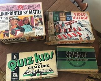 Assortment of vintage games. Linoprinter by Mattel, Video Village, Quiz kids, Seven Up