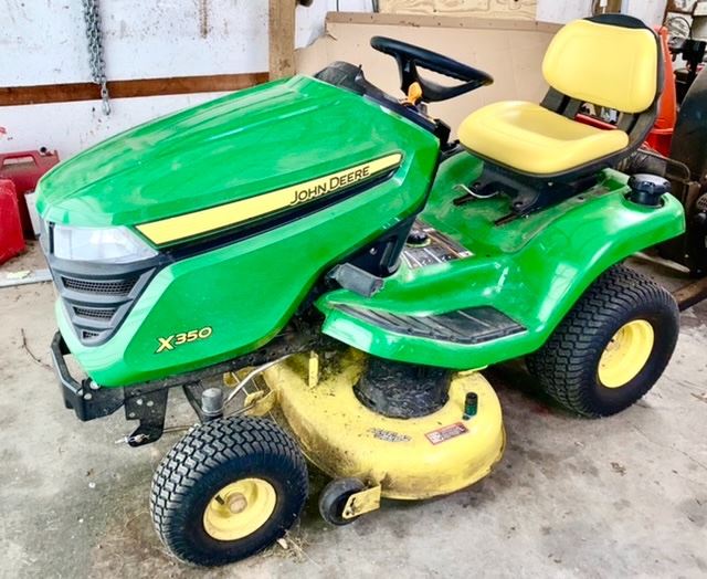 PRE-SALE AVAILABLE:  2017 John Deere X350 lawn mower, with 48" deck and leaf bagger, 80 hours, 18.5 Kawasaki engine, $2,500