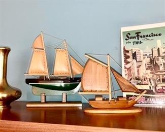 Brass vase, sail boat models/decor, San Francisco TWA print