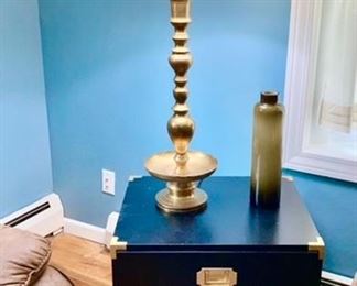 3 drawer side table, brass lamp, smoky quartz color glass vase