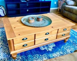 PRE-SALE AVAILABLE:  Knotty pine coffee table w/ three storage drawers