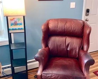 Floor lamp w/ shelf storage, leather high back chair 