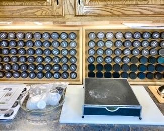 Allspice Rack with filled spice jars and extra labels Model AS60, keurig stand that holds pods