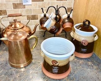 copper tea kettle and coffee pot, stoneware mugs on tree, utensil holder, covered jar